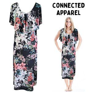 CONNECTED APPAREL Black Floral Flutter Neck Maxi Dress NWT Women's Plus Size 16